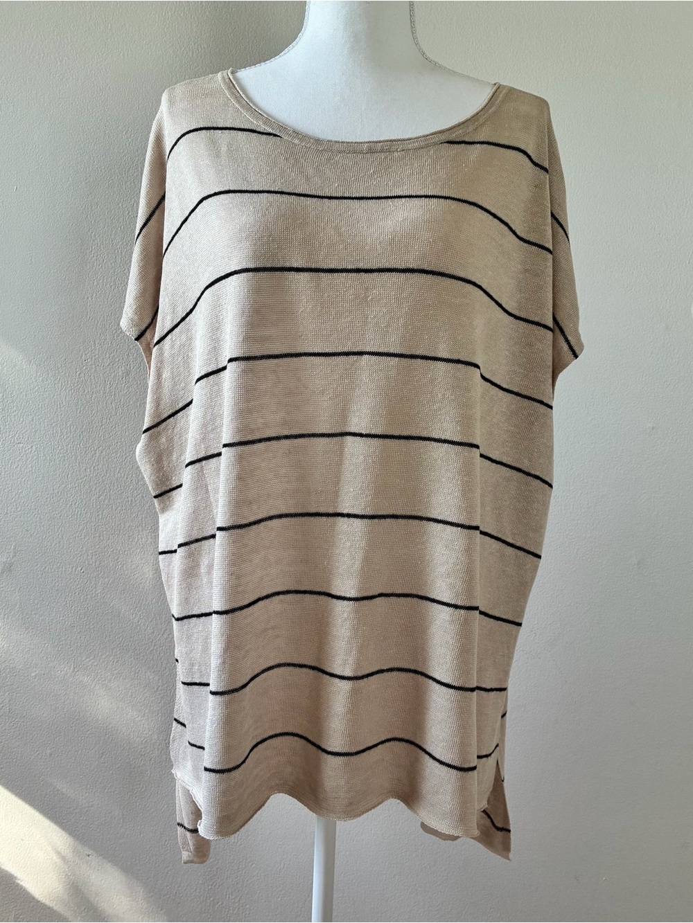 Eileen Fisher Beige Tunic with Black Stripe 100% Organic Linen